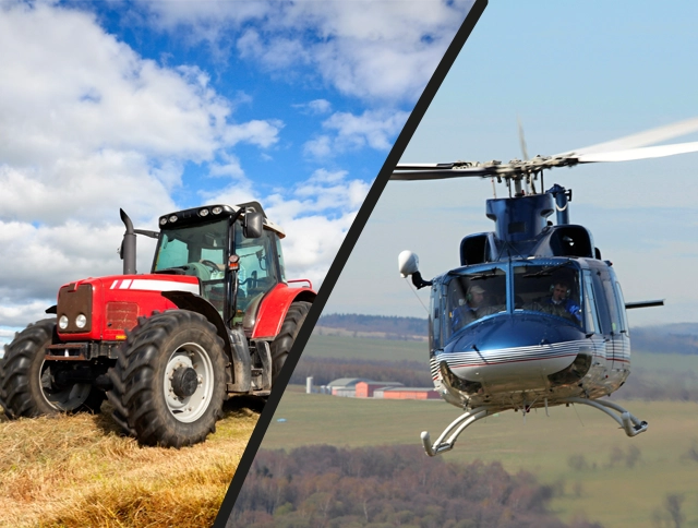 Ein Trecker und ein Hubschrauber